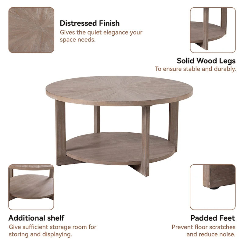 Table basse de style rustique avec étagères de rangement, petite table d'appoint ronde rustique ornée d'un magnifique motif rayonnant, peut être utilisée comme table d'appoint.