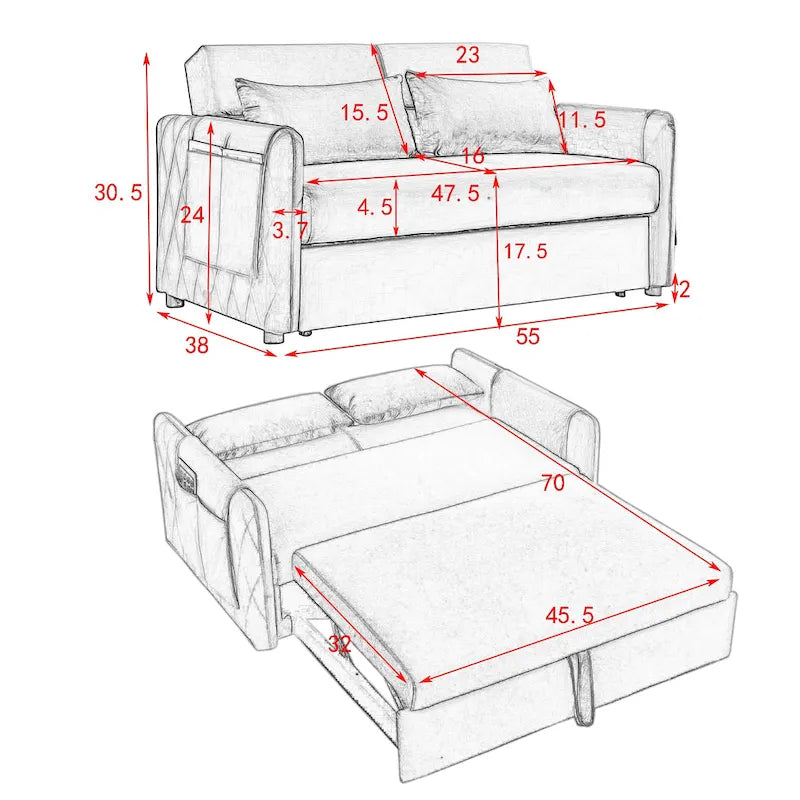 Canapé convertible moderne en velours avec 2 oreillers