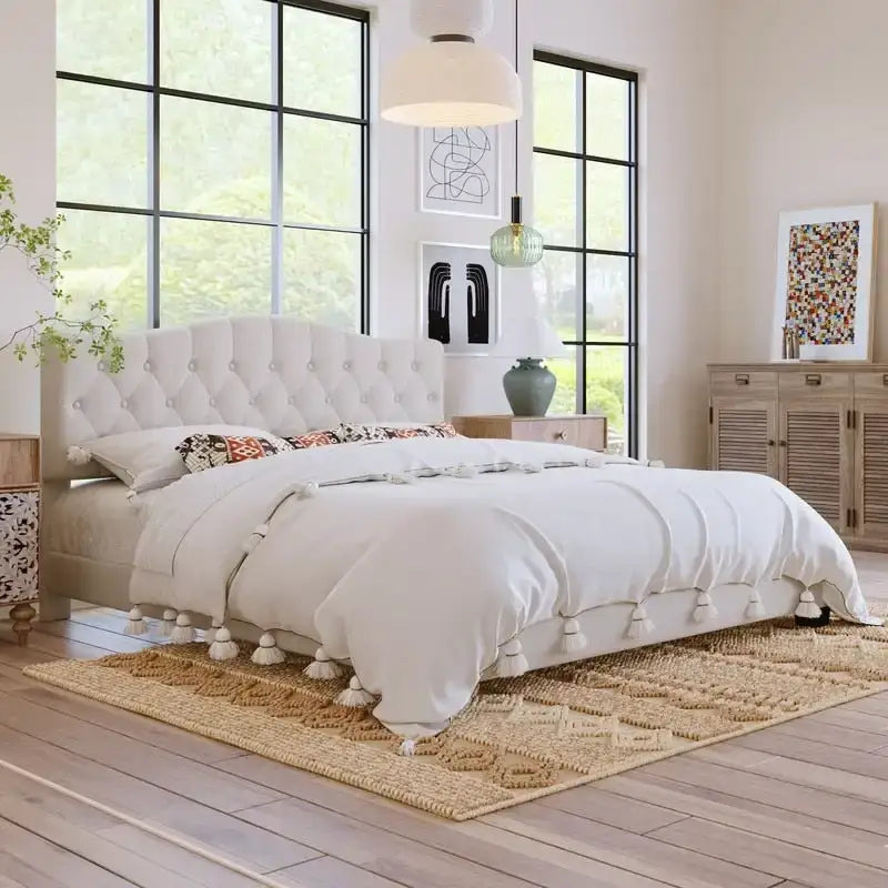 Lit rembourré moderne avec plateforme et tête de lit, grand format, cadre de lit capitonné robuste avec support à lattes en bois, beige