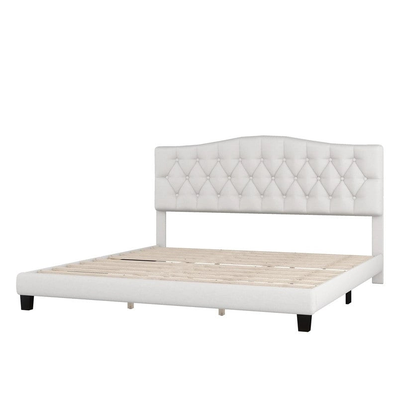 Lit rembourré moderne avec plateforme et tête de lit, grand format, cadre de lit capitonné robuste avec support à lattes en bois, beige