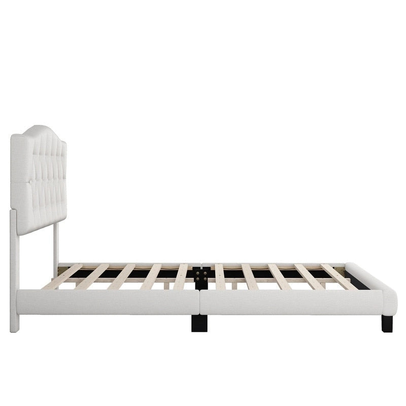 Lit rembourré moderne avec plateforme et tête de lit, grand format, cadre de lit capitonné robuste avec support à lattes en bois, beige