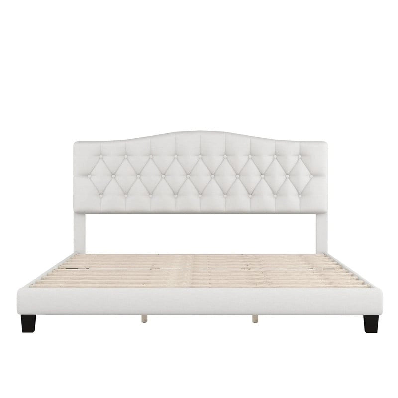Lit rembourré moderne avec plateforme et tête de lit, grand format, cadre de lit capitonné robuste avec support à lattes en bois, beige