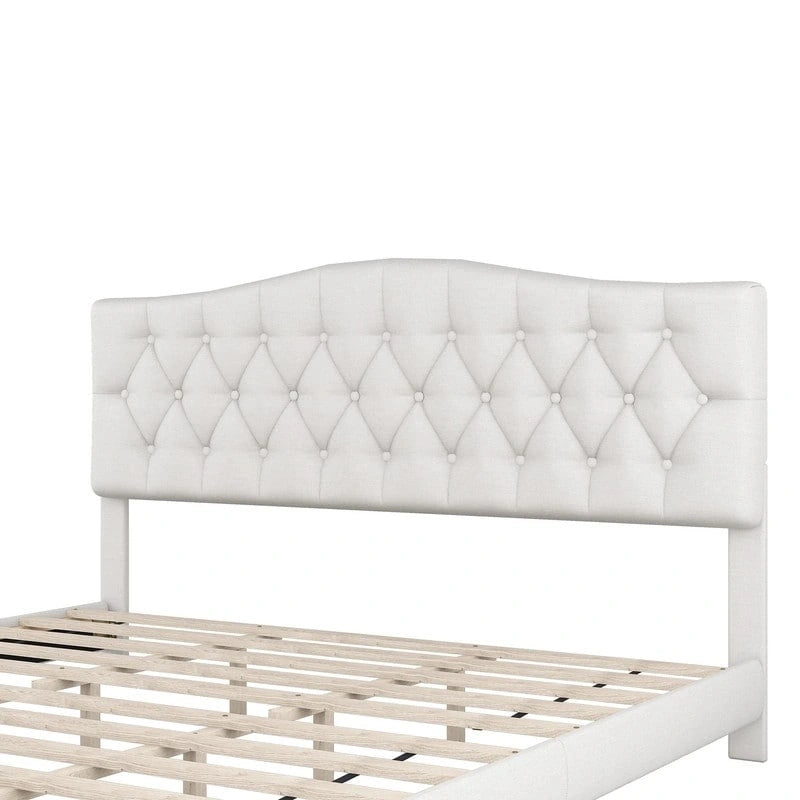 Lit rembourré moderne avec plateforme et tête de lit, grand format, cadre de lit capitonné robuste avec support à lattes en bois, beige