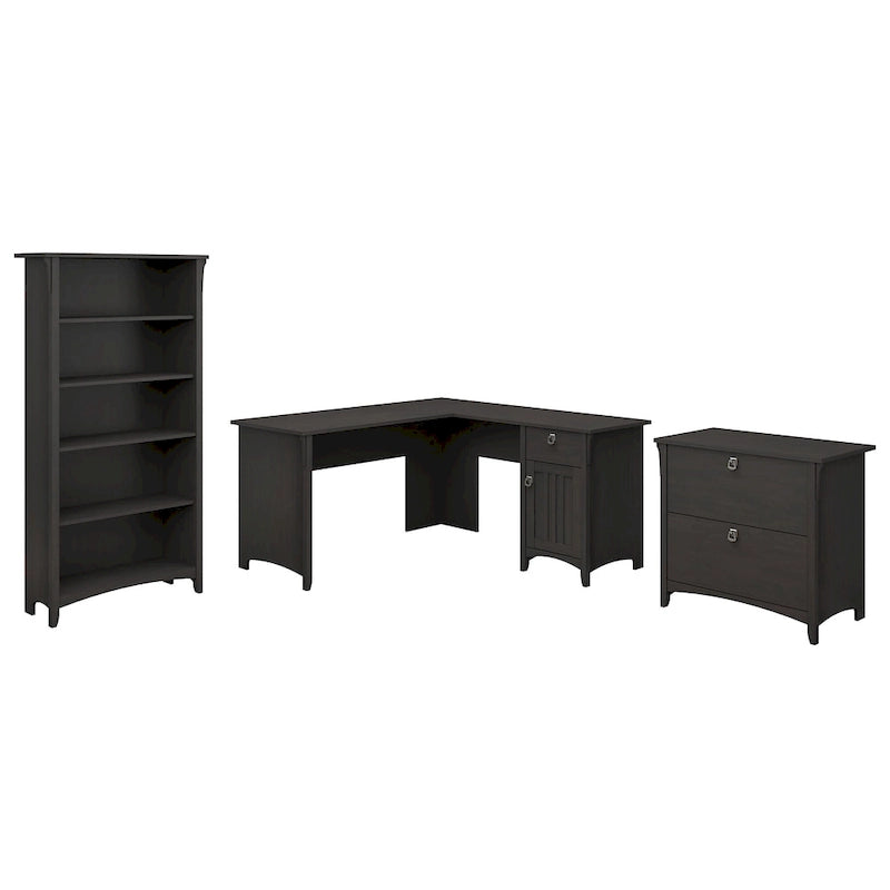 Bureau en L avec classeur latéral et bibliothèque en noir vintage