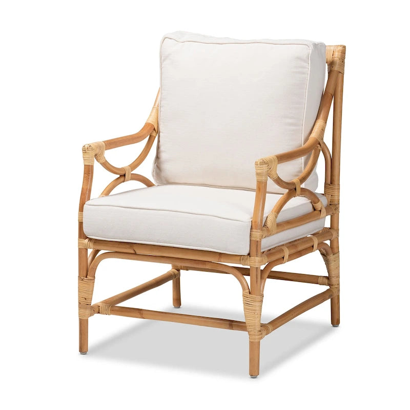 Chaise en rotin rembourrée de style bohème - Blanche/Bois naturel