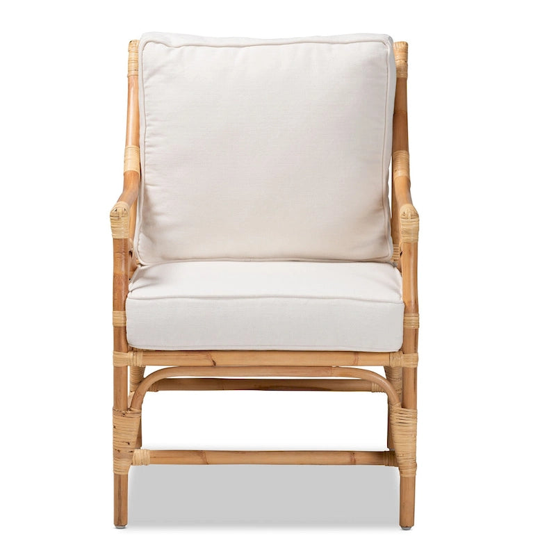 Chaise en rotin rembourrée de style bohème - Blanche/Bois naturel