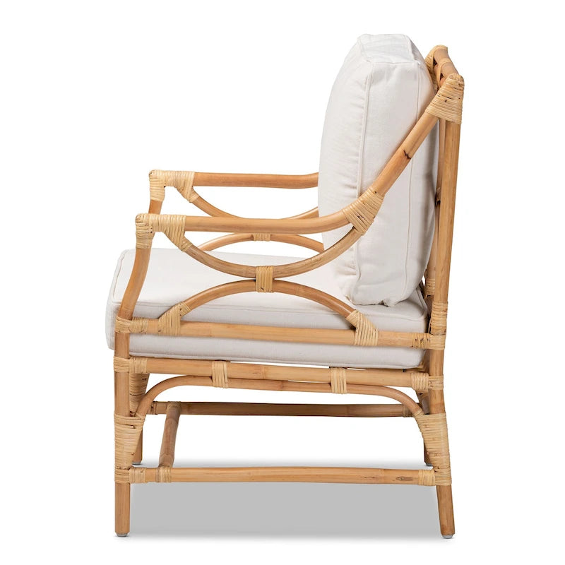 Chaise en rotin rembourrée de style bohème - Blanche/Bois naturel