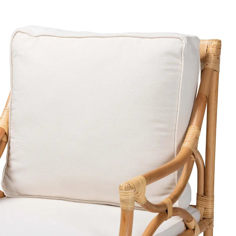 Chaise en rotin rembourrée de style bohème - Blanche/Bois naturel
