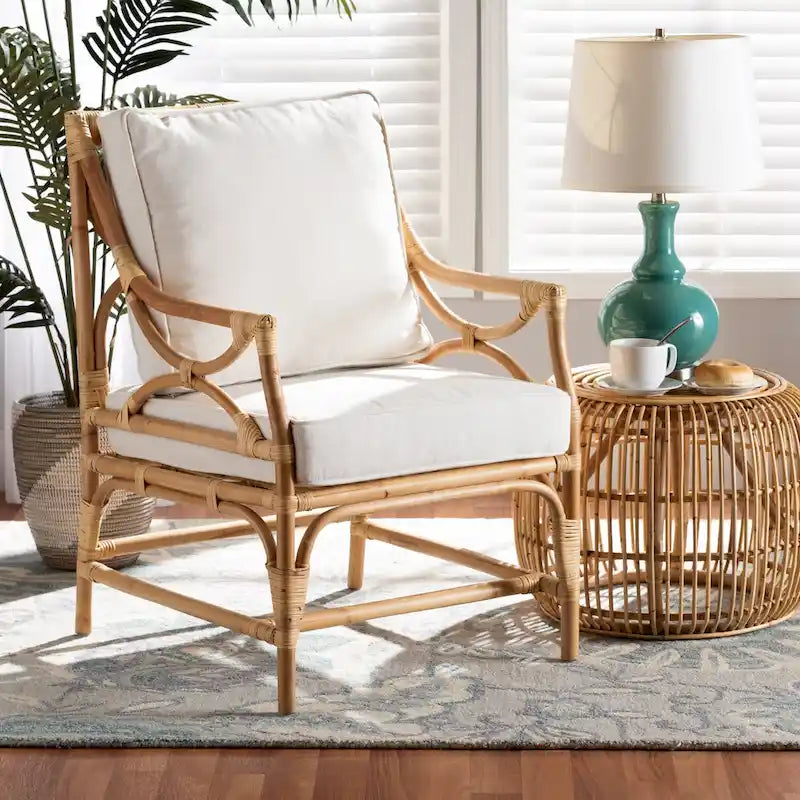 Chaise en rotin rembourrée de style bohème - Blanche/Bois naturel