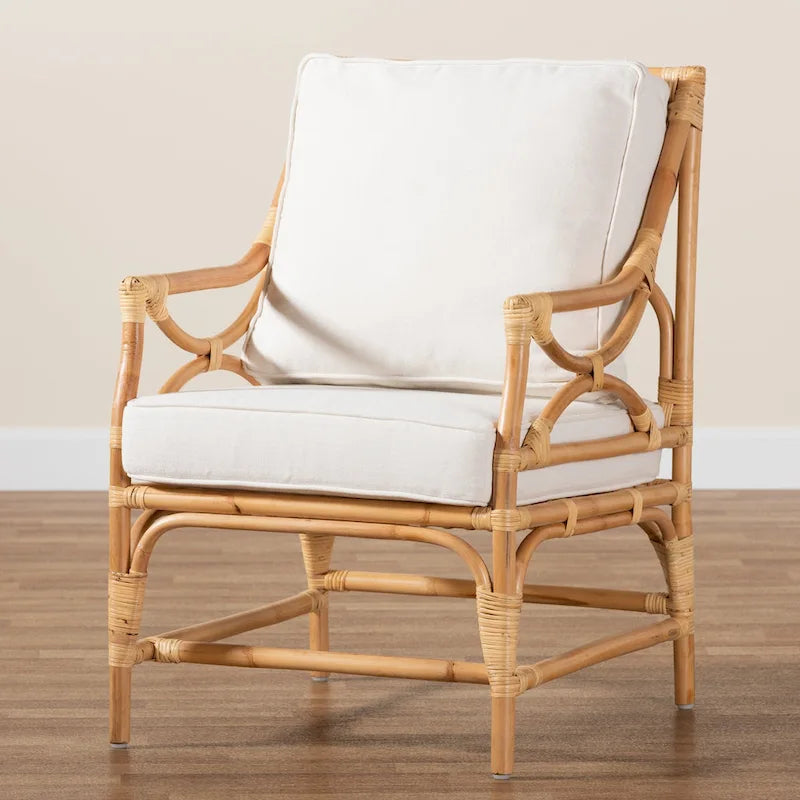 Chaise en rotin rembourrée de style bohème - Blanche/Bois naturel