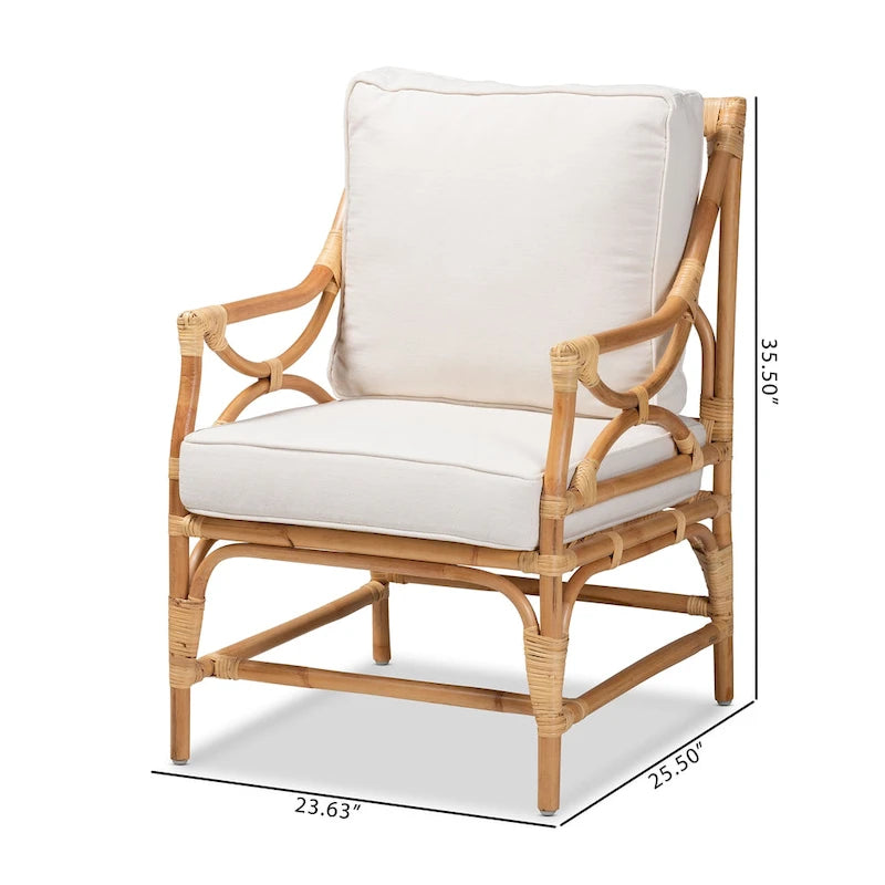 Chaise en rotin rembourrée de style bohème - Blanche/Bois naturel