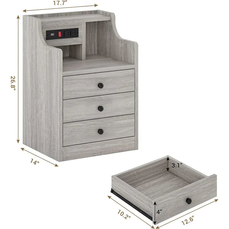 Table de chevet 3 tiroirs avec station de charge pour chambre à coucher