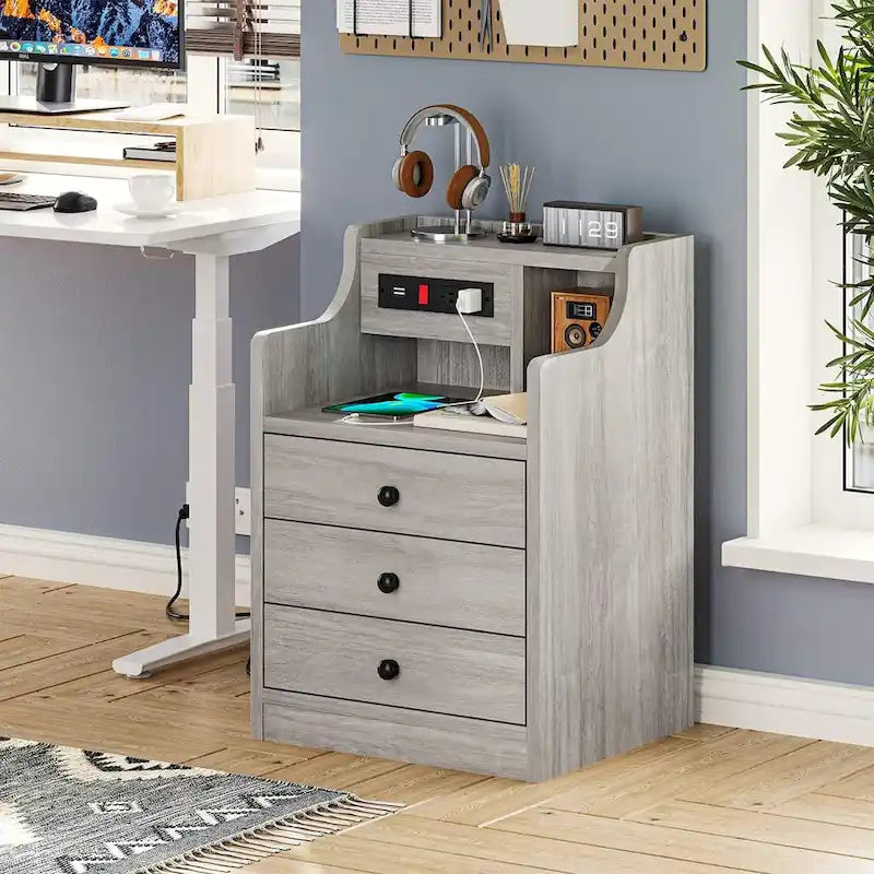 Table de chevet 3 tiroirs avec station de charge pour chambre à coucher