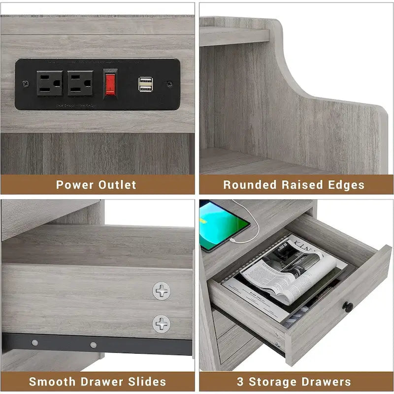 Table de chevet 3 tiroirs avec station de charge pour chambre à coucher