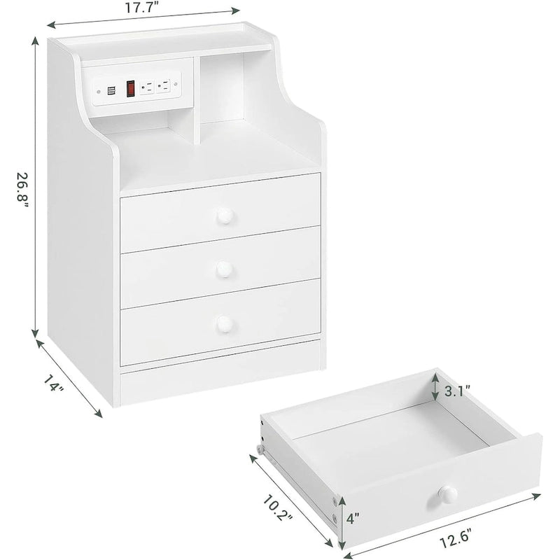 Table de chevet 3 tiroirs avec station de charge pour chambre à coucher