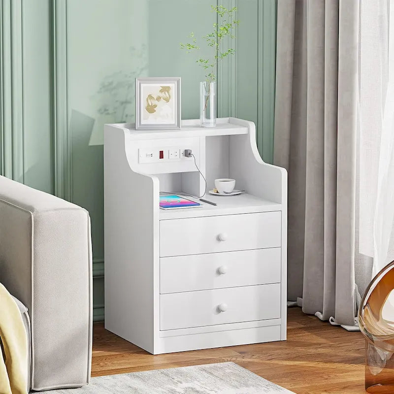Table de chevet 3 tiroirs avec station de charge pour chambre à coucher
