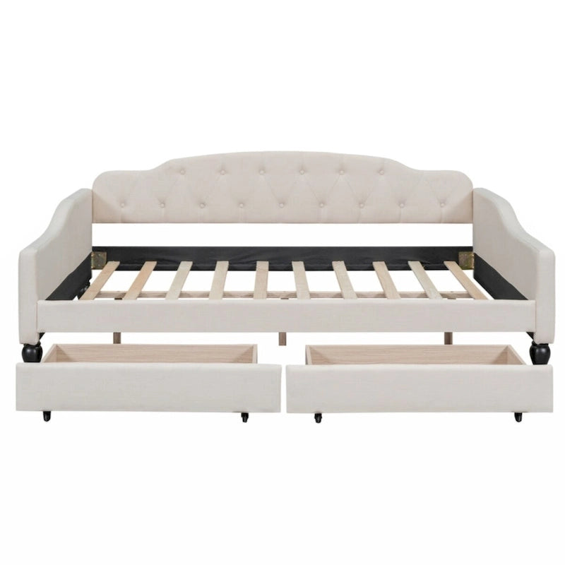 Lit de repos capitonné en tissu pleine grandeur avec deux tiroirs, beige