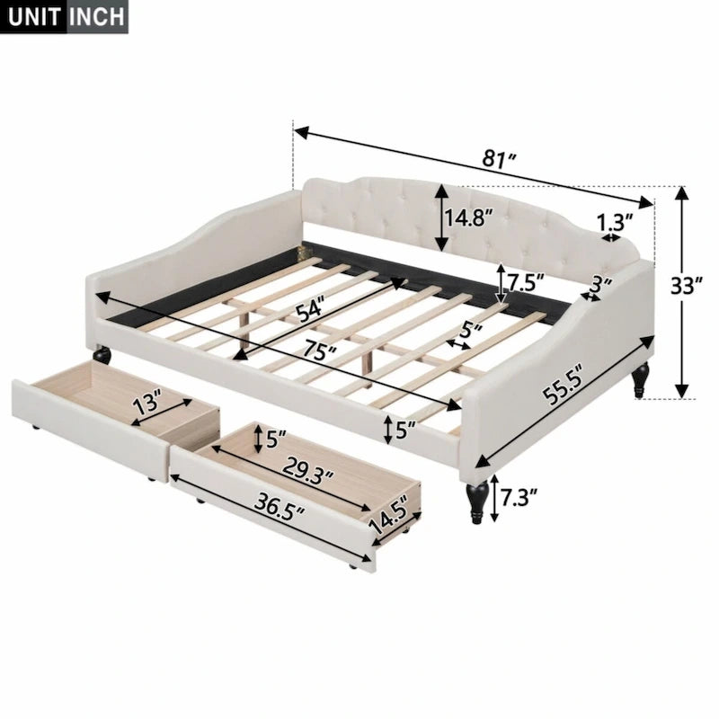 Lit de repos capitonné en tissu pleine grandeur avec deux tiroirs, beige
