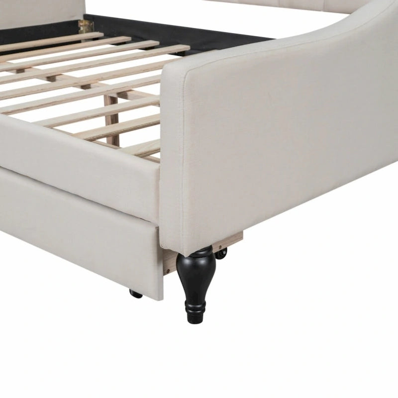 Lit de repos capitonné en tissu pleine grandeur avec deux tiroirs, beige