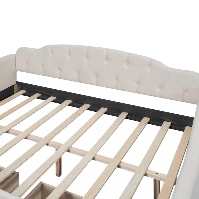 Lit de repos capitonné en tissu pleine grandeur avec deux tiroirs, beige