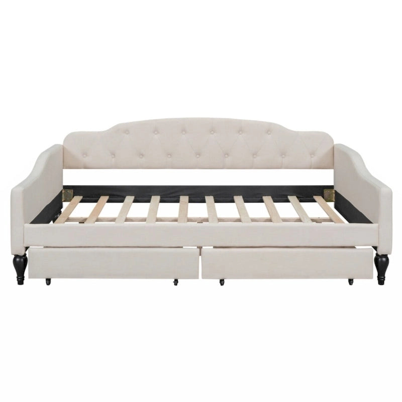 Lit de repos capitonné en tissu pleine grandeur avec deux tiroirs, beige