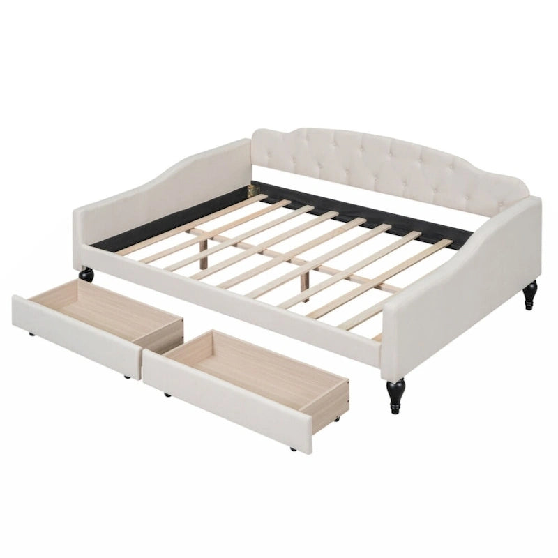 Lit de repos capitonné en tissu pleine grandeur avec deux tiroirs, beige