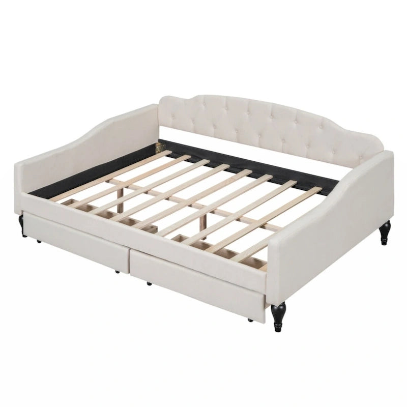 Lit de repos capitonné en tissu pleine grandeur avec deux tiroirs, beige