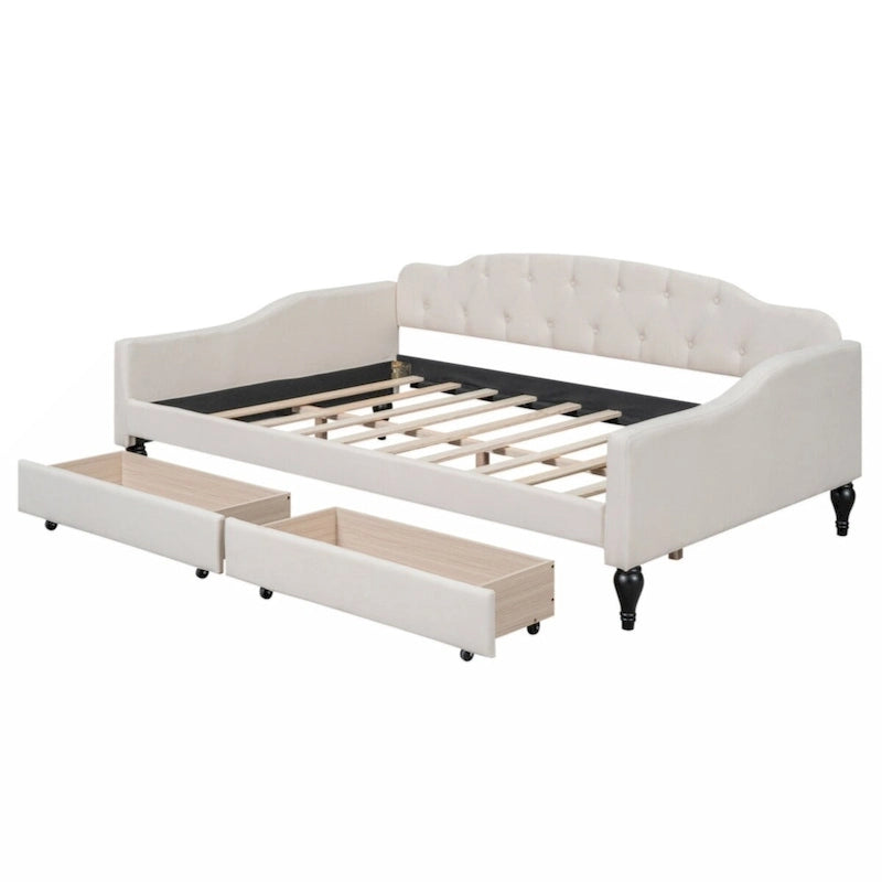 Lit de repos capitonné en tissu pleine grandeur avec deux tiroirs, beige