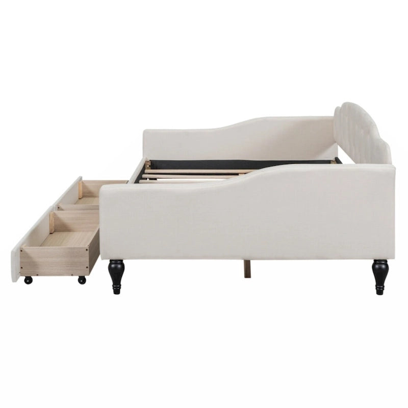 Lit de repos capitonné en tissu pleine grandeur avec deux tiroirs, beige