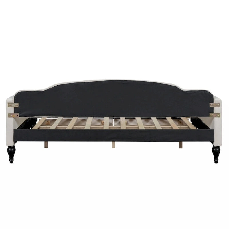 Lit de repos capitonné en tissu pleine grandeur avec deux tiroirs, beige