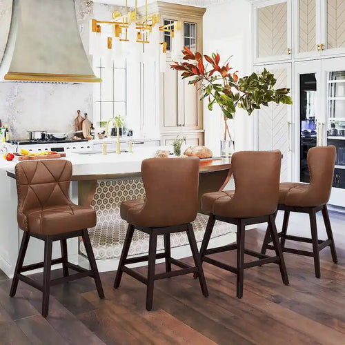 LUE BONA 26 in. Mid-Century Modern Wood Frame Swivel Bar Stools with Faux Leather and Linen Upholstered SeatSet of 4