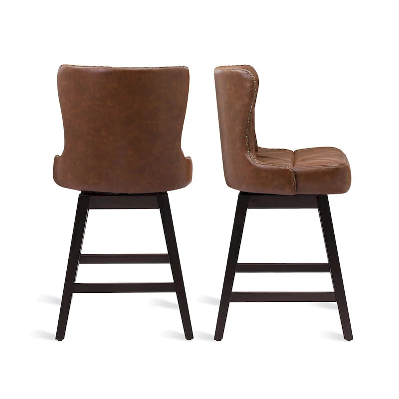 Tabourets de bar pivotants de 66 cm en bois de style moderne du milieu du siècle, recouverts de similicuir et de lin, lot de 4