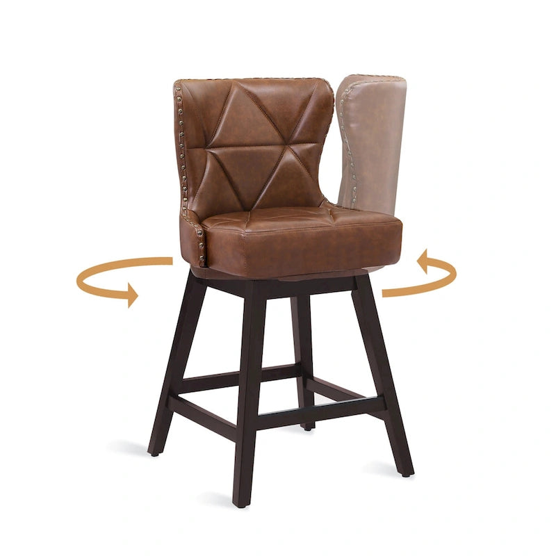 Tabourets de bar pivotants de 66 cm en bois de style moderne du milieu du siècle, recouverts de similicuir et de lin, lot de 4