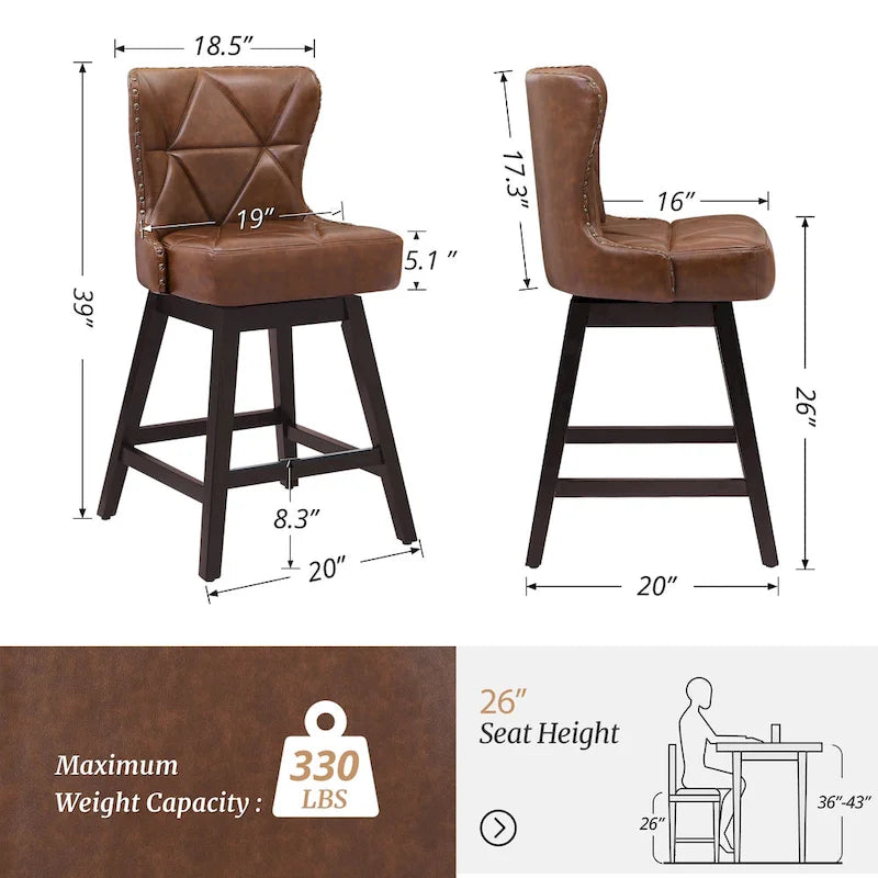 Tabourets de bar pivotants de 66 cm en bois de style moderne du milieu du siècle, recouverts de similicuir et de lin, lot de 4