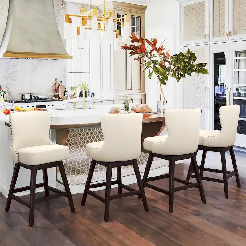 Tabourets de bar pivotants de 66 cm en bois de style moderne du milieu du siècle, recouverts de similicuir et de lin, lot de 4