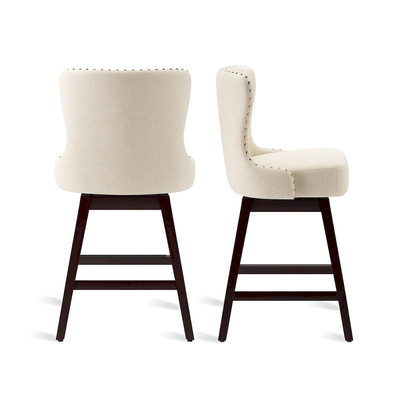 Tabourets de bar pivotants de 66 cm en bois de style moderne du milieu du siècle, recouverts de similicuir et de lin, lot de 4