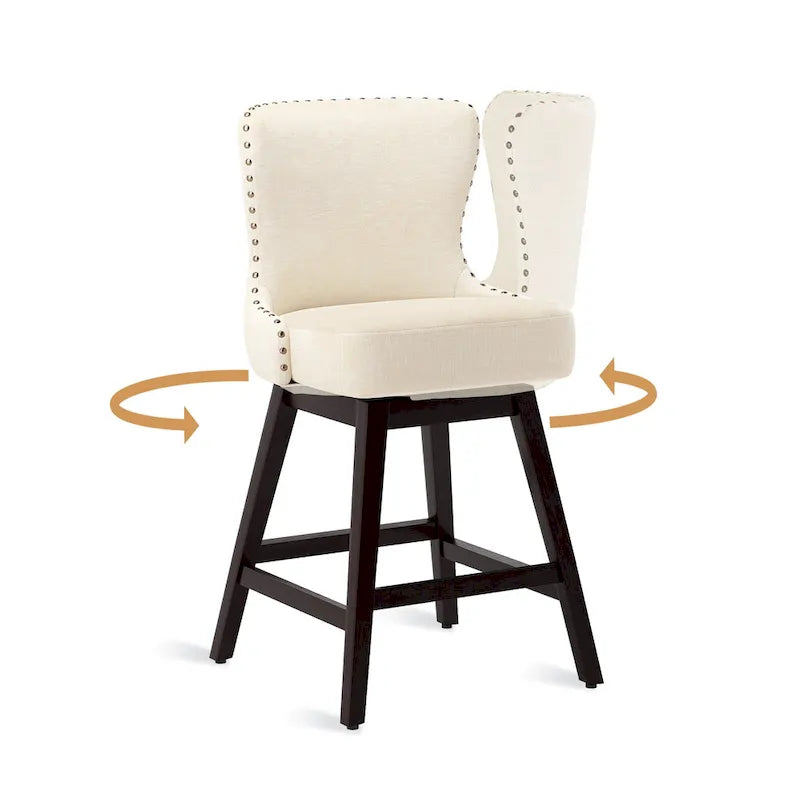 Tabourets de bar pivotants de 66 cm en bois de style moderne du milieu du siècle, recouverts de similicuir et de lin, lot de 4
