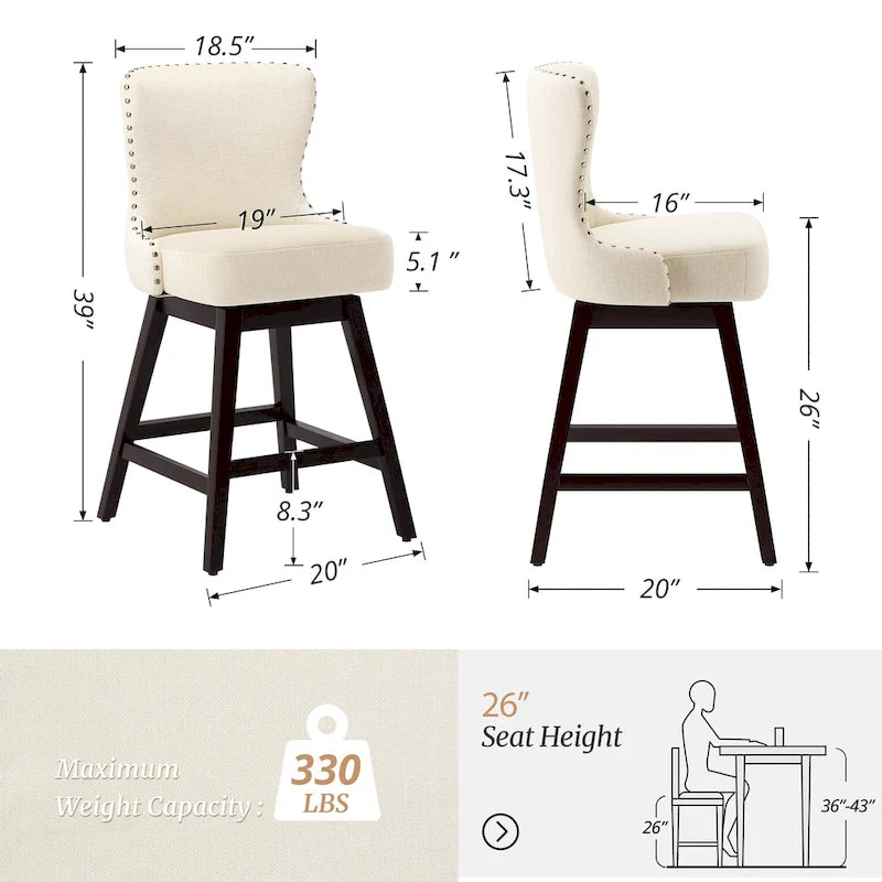 Tabourets de bar pivotants de 66 cm en bois de style moderne du milieu du siècle, recouverts de similicuir et de lin, lot de 4