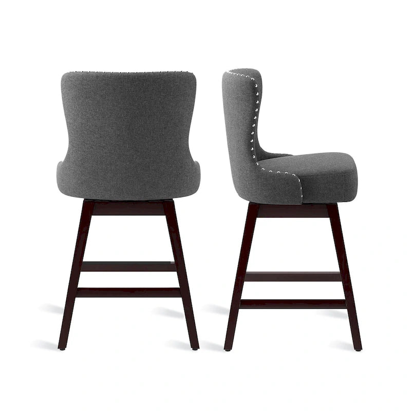 Tabourets de bar pivotants de 66 cm en bois de style moderne du milieu du siècle, recouverts de similicuir et de lin, lot de 4