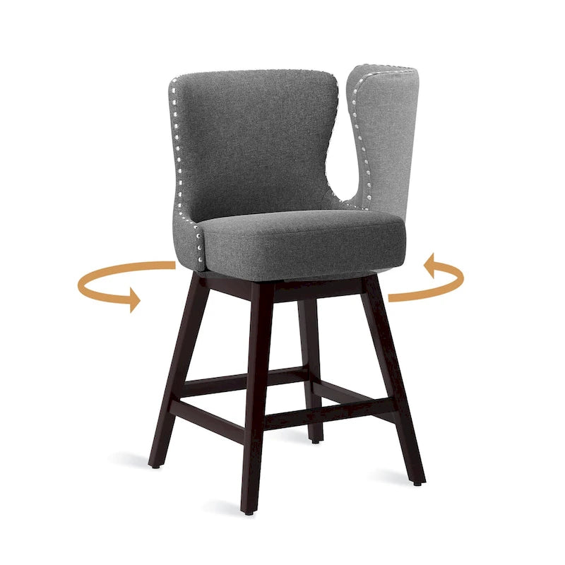 Tabourets de bar pivotants de 66 cm en bois de style moderne du milieu du siècle, recouverts de similicuir et de lin, lot de 4