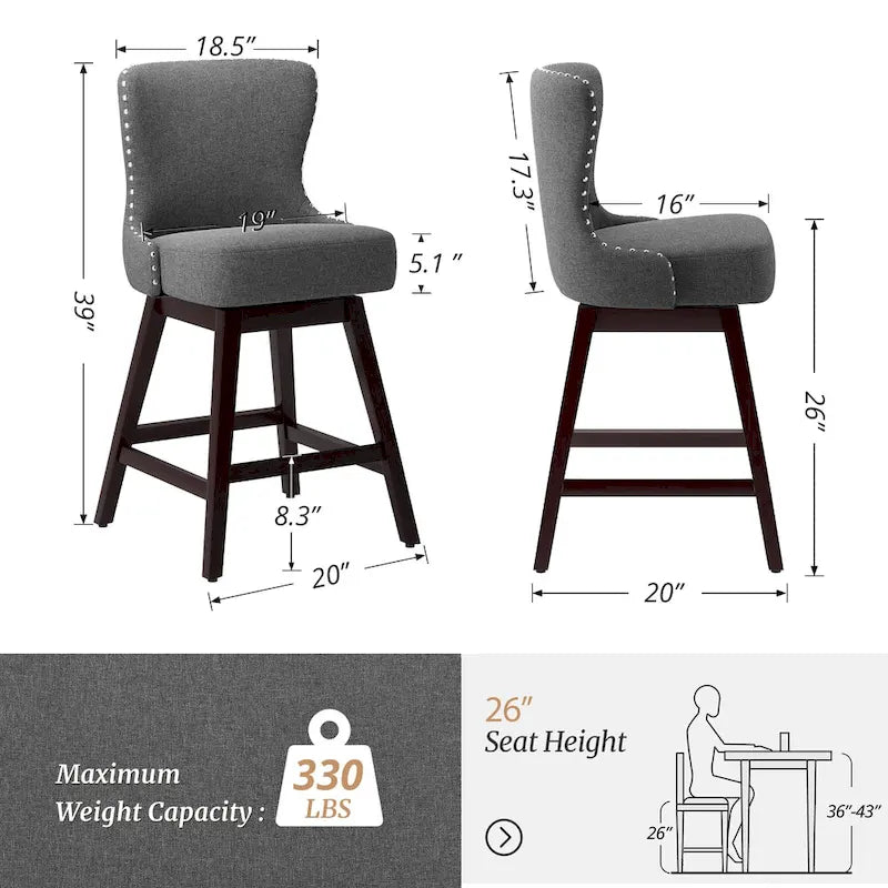 Tabourets de bar pivotants de 66 cm en bois de style moderne du milieu du siècle, recouverts de similicuir et de lin, lot de 4