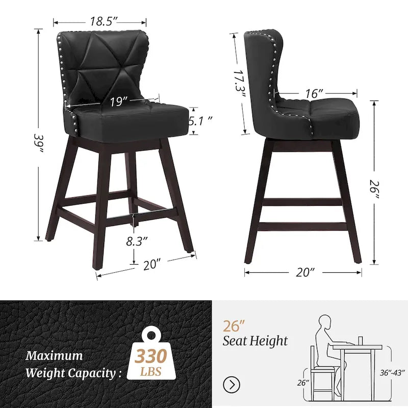Tabourets de bar pivotants de 66 cm en bois de style moderne du milieu du siècle, recouverts de similicuir et de lin, lot de 4