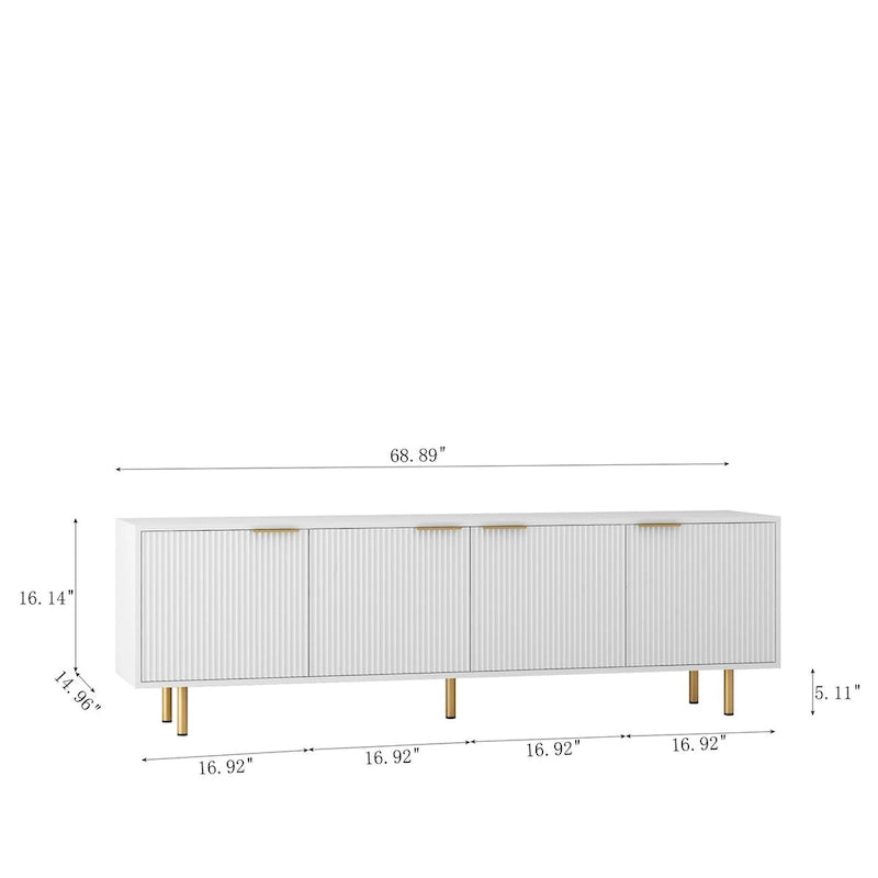 Meuble TV blanc cannelé 68 avec prise de courant, meuble de divertissement avec portes de rangement, meuble TV console média, pour téléviseurs de plus de 55 pouces