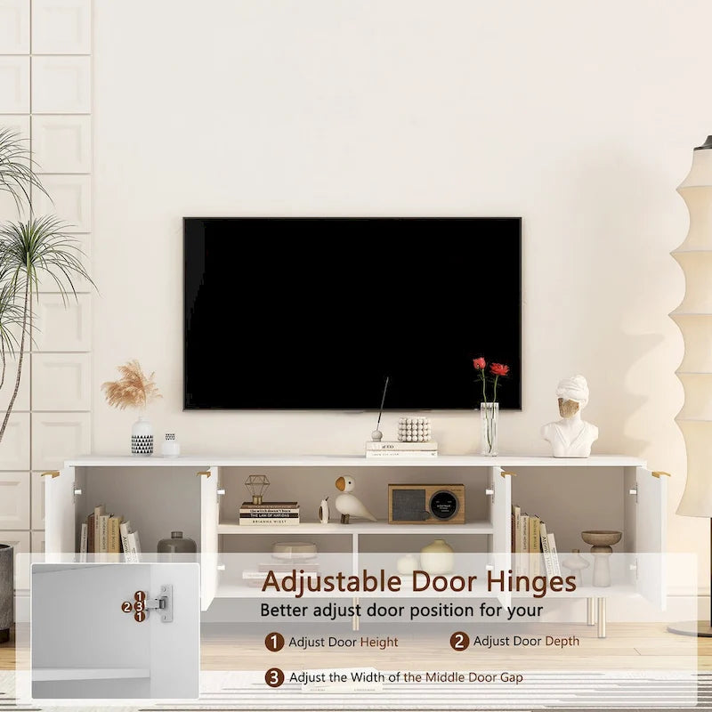 Meuble TV blanc cannelé 68 avec prise de courant, meuble de divertissement avec portes de rangement, meuble TV console média, pour téléviseurs de plus de 55 pouces