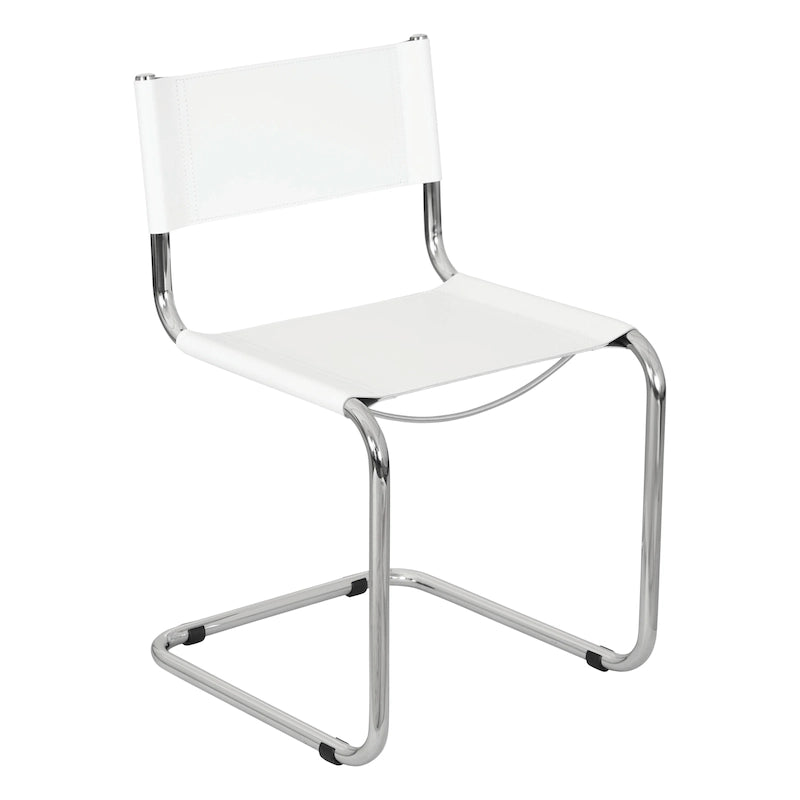 Fauteuils cantilever à structure chromée (disponibles en plusieurs coloris de similicuir).