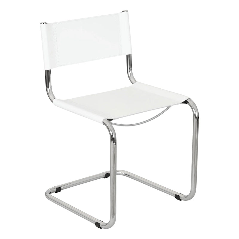 Fauteuils cantilever à structure chromée (disponibles en plusieurs coloris de similicuir).