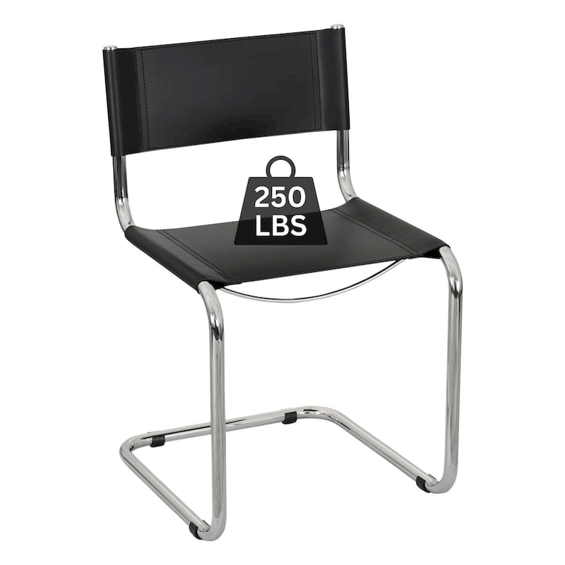 Fauteuils cantilever à structure chromée (disponibles en plusieurs coloris de similicuir).