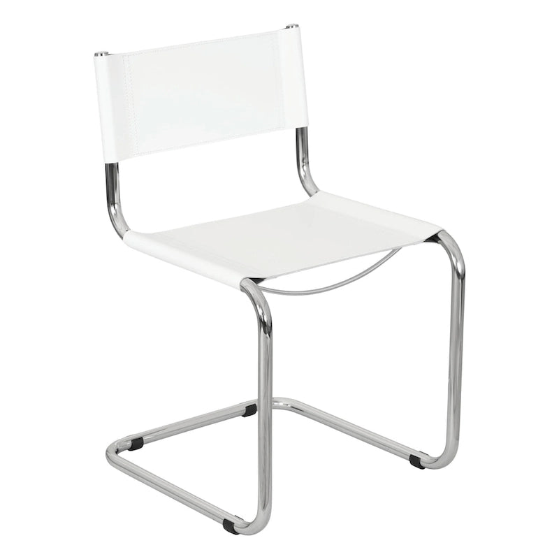 Fauteuils cantilever à structure chromée (disponibles en plusieurs coloris de similicuir).