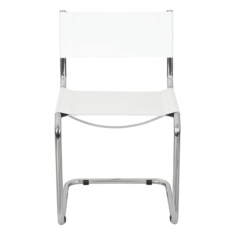 Fauteuils cantilever à structure chromée (disponibles en plusieurs coloris de similicuir).