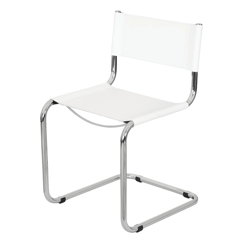 Fauteuils cantilever à structure chromée (disponibles en plusieurs coloris de similicuir).